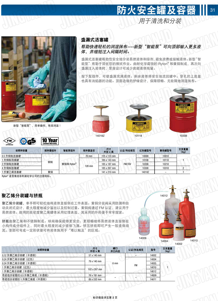 美國杰斯瑞特，JUSTRITE，活塞安全罐，盛漏式活塞罐，化學(xué)品分裝罐，
